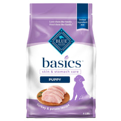 Blue Buffalo Basics Puppy turkey-first-ingredient kibble promotes lean muscles and digestibility.