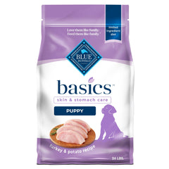 Blue Buffalo Basics puppy turkey kibble shown for gentle digestion and muscle support