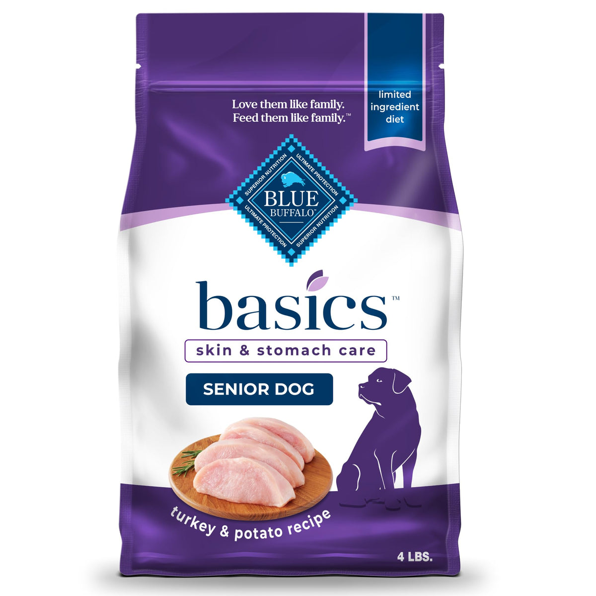 Blue Buffalo Basics Senior dry dog food bag showing turkey and potato recipe for gentle digestion