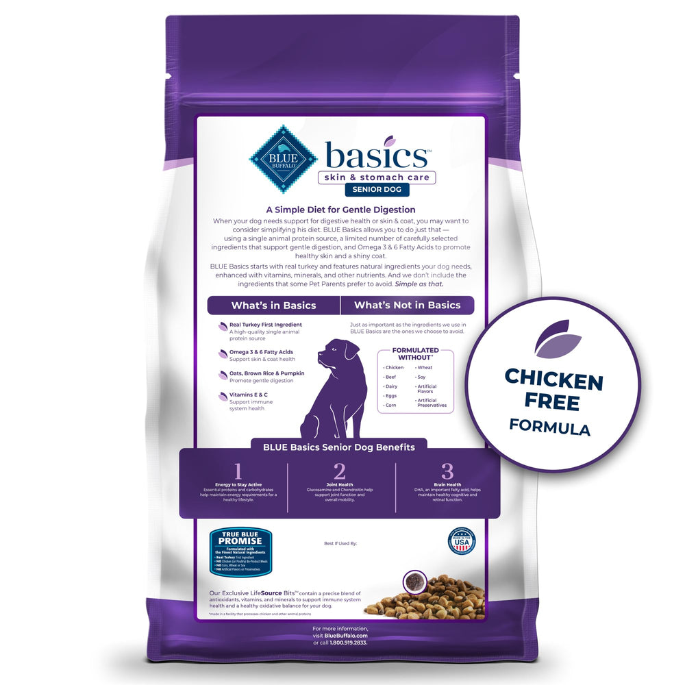 Blue Buffalo Basics kibble close-up reveals hearty texture for senior dogs