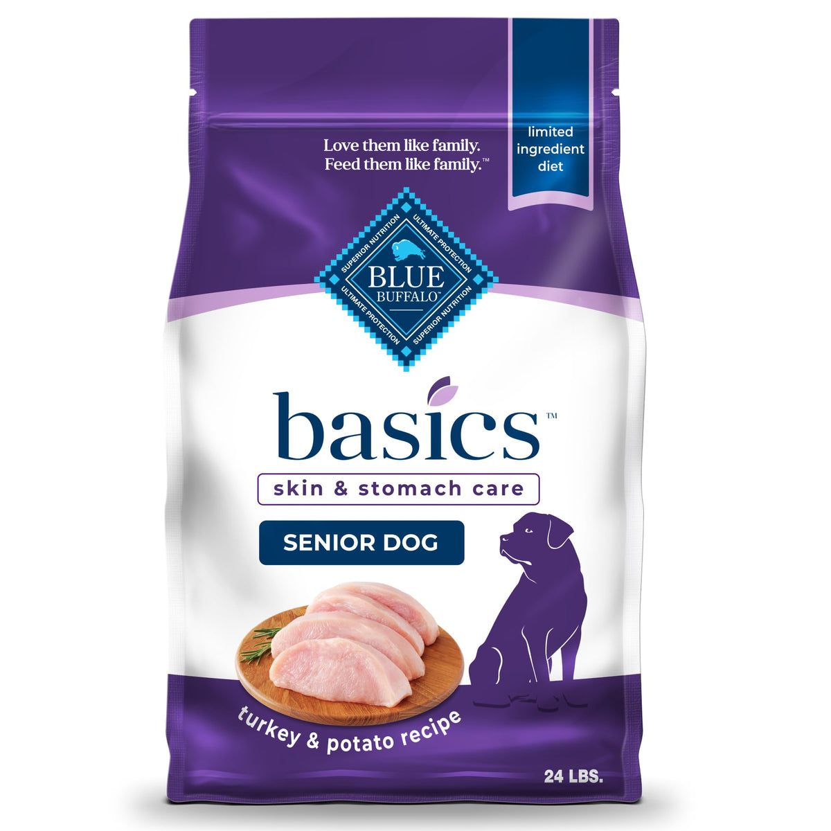 Blue Buffalo Basics Senior Turkey Recipe bag shows real turkey kibble for digestion