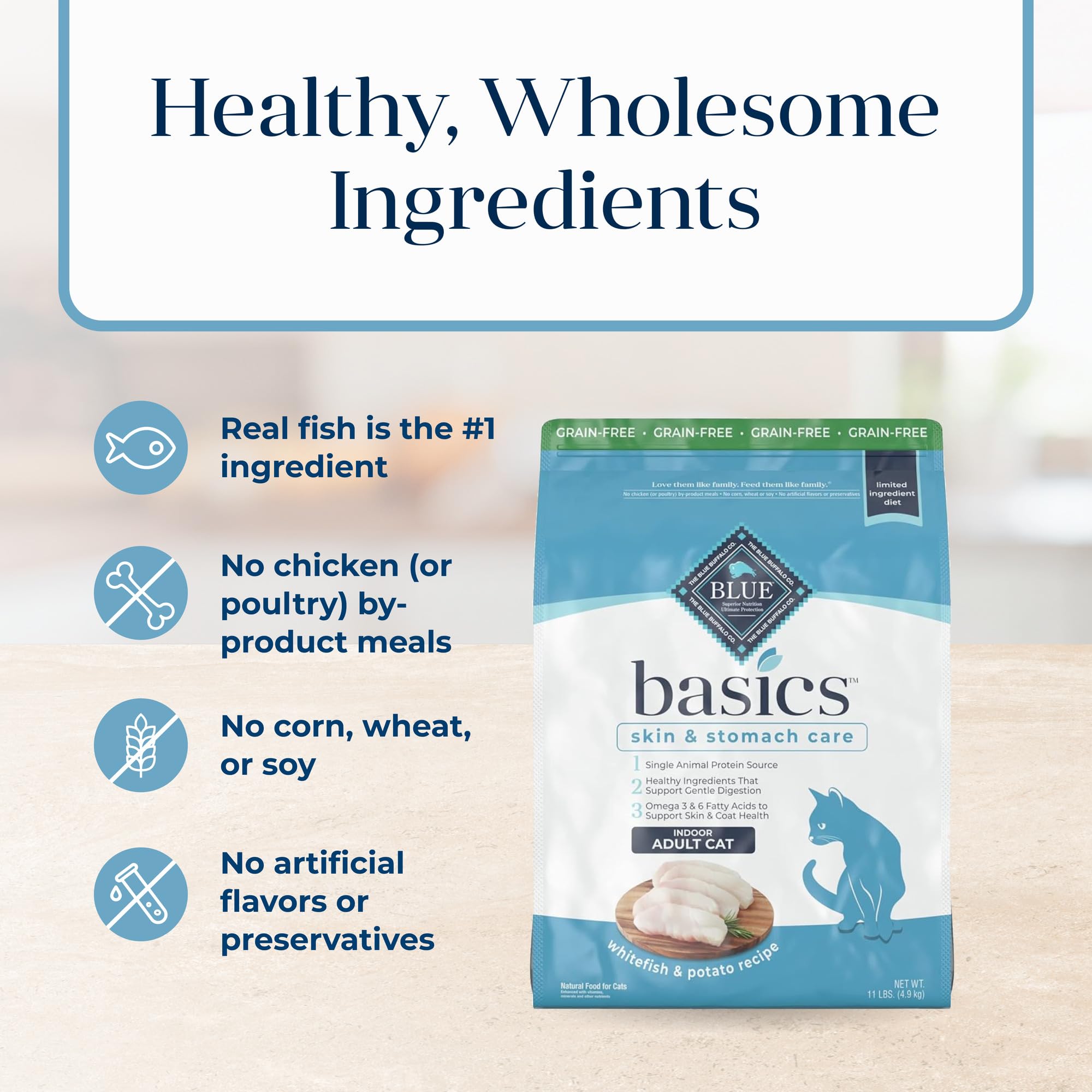 Blue Buffalo Basics skin and coat benefits point to omega fatty acids for shine.