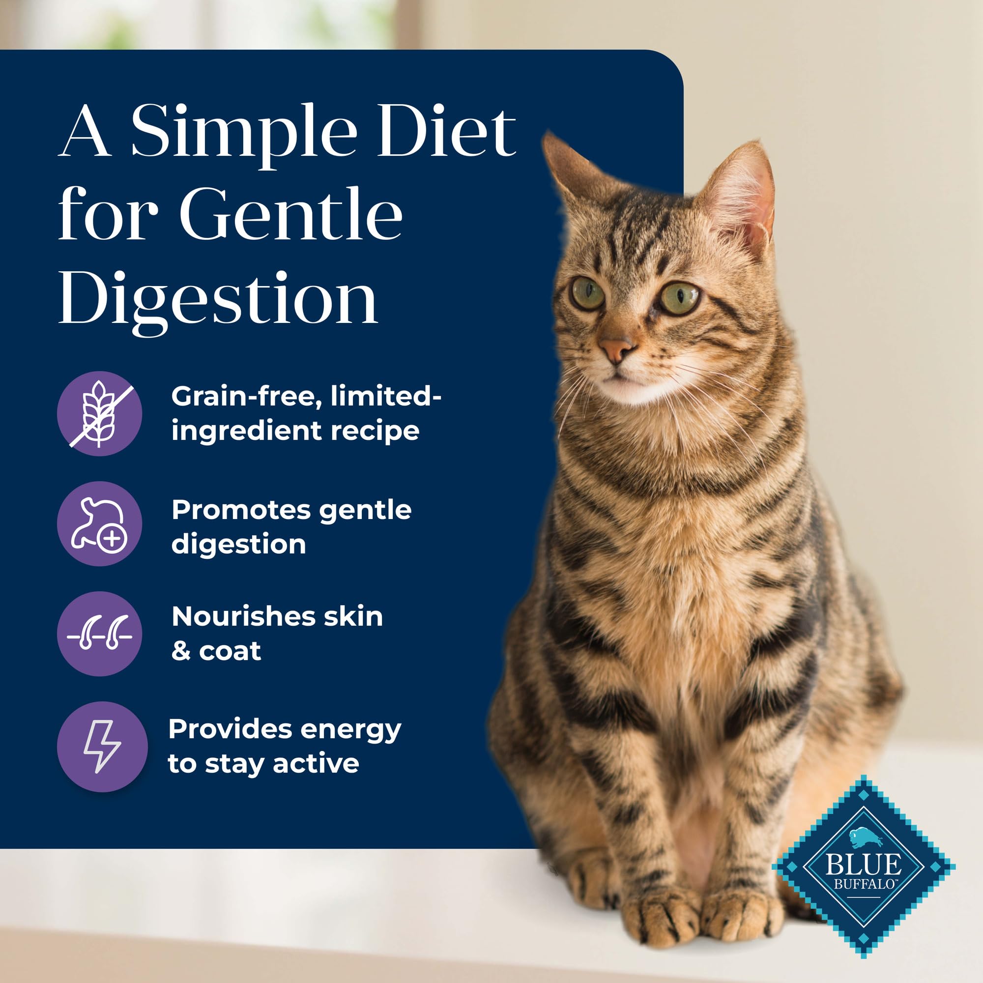 Blue Buffalo Basics indoor cat formula supports coat health with omega 3 and 6.