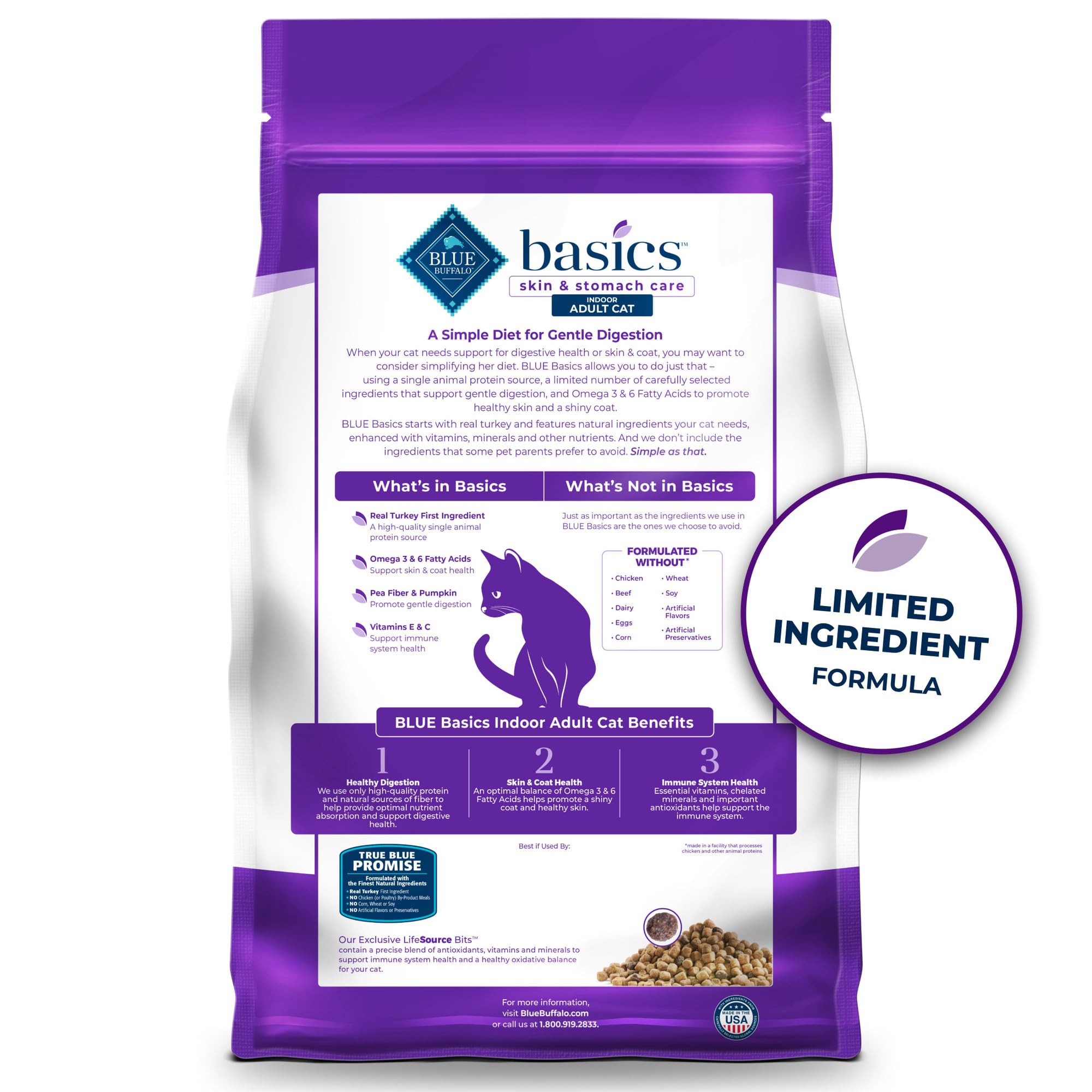Blue Buffalo Basics skin and coat kibble close-up highlighting omega-3 and omega-6 nutrients.