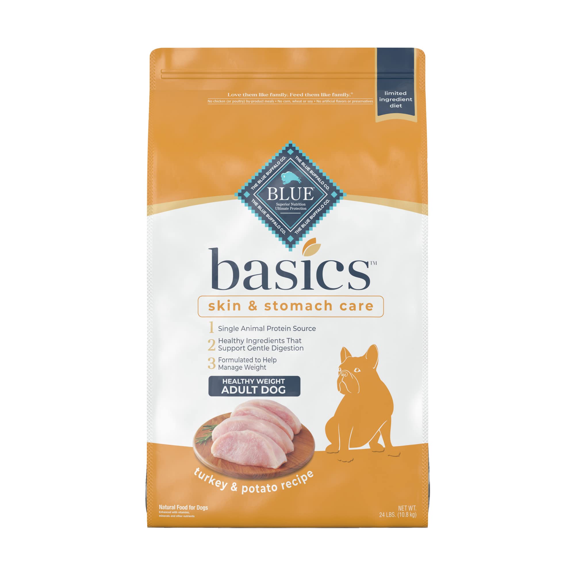 Blue Buffalo Basics turkey and potato kibble promotes gentle digestion.