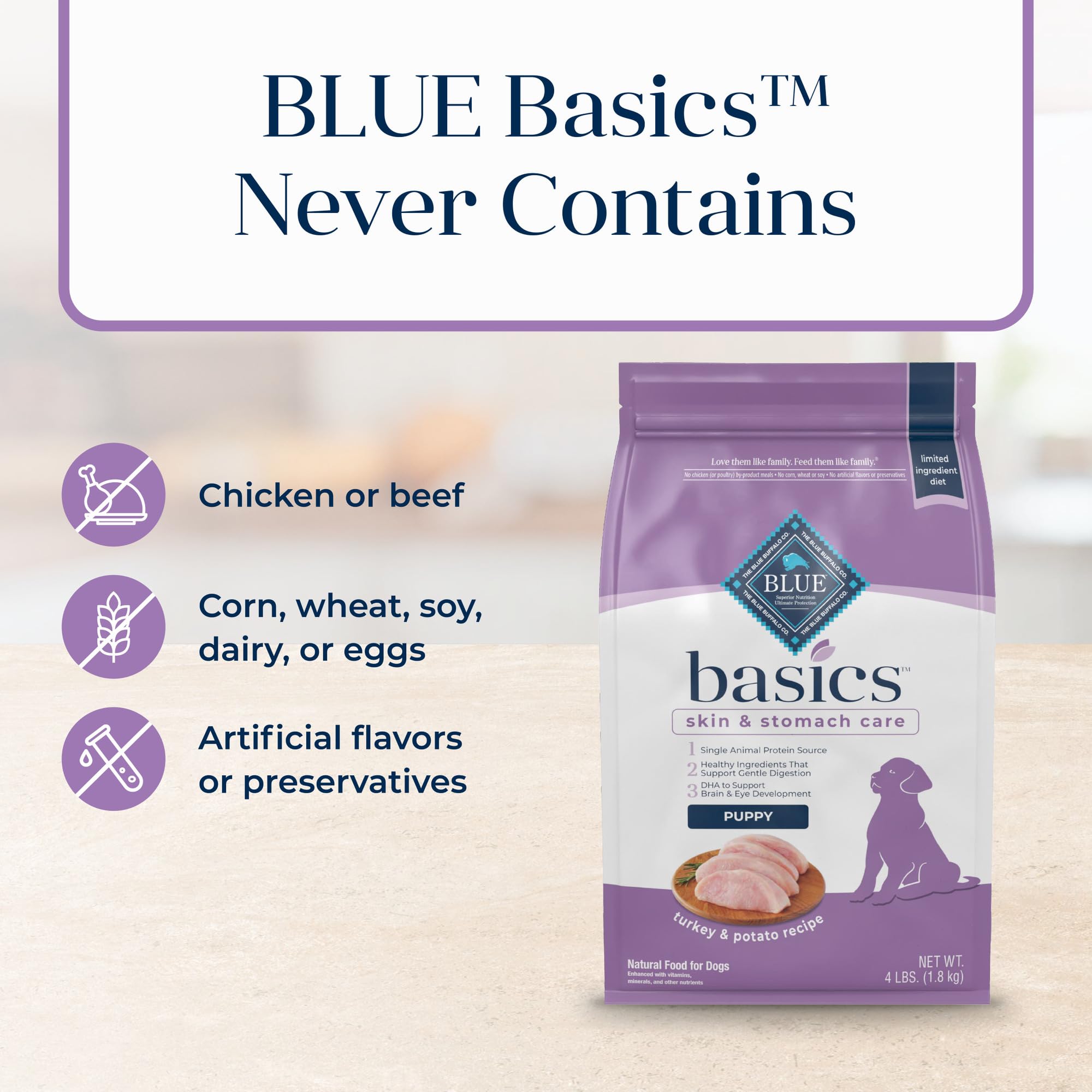 Blue Buffalo Basics Skin & Stomach Care Puppy 4-lb bag is convenient for beginners.