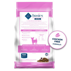 Blue Buffalo Basics dry dog food close-up shows small kibble for easy chewing and limited ingredients.