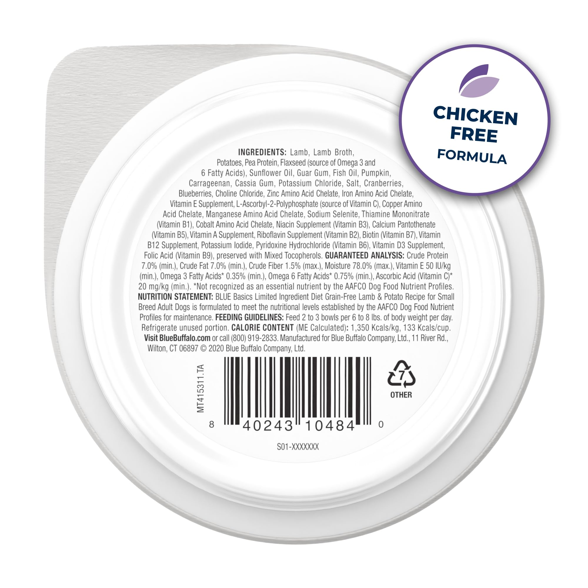 Blue Buffalo Basics Lamb Cups ingredient list visible on packaging