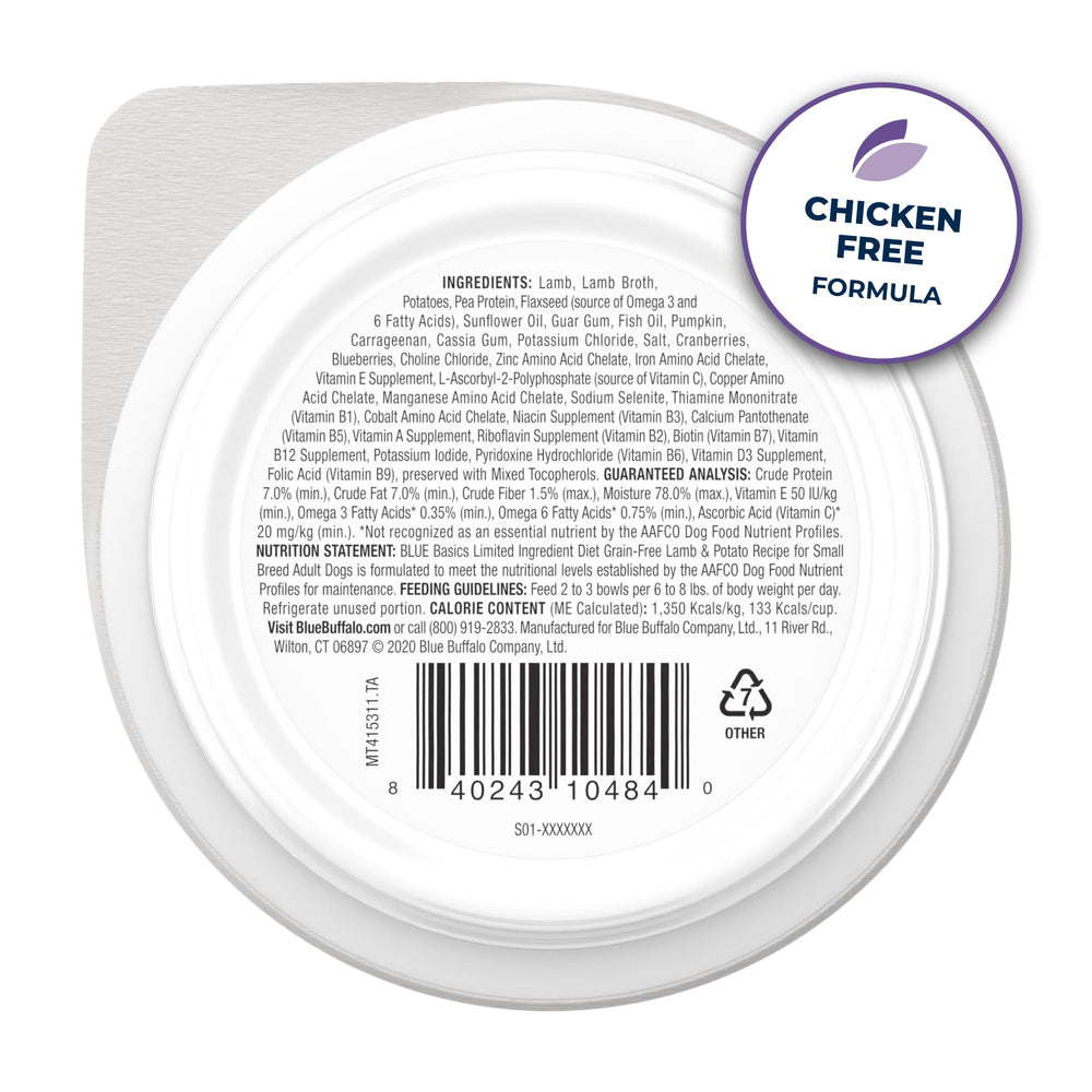 Blue Buffalo Basics Lamb Cups ingredient list visible on packaging