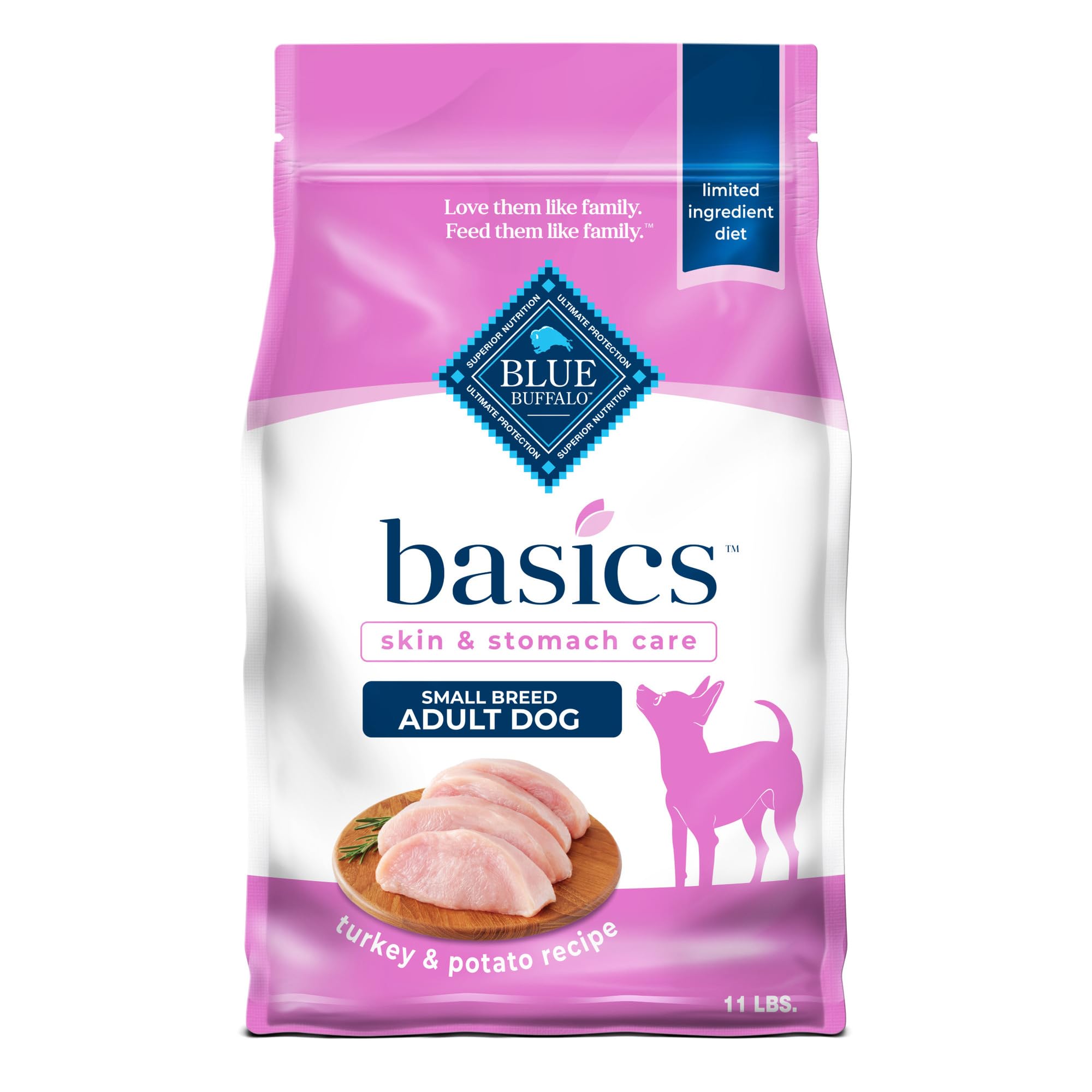 Blue Buffalo Basics small-breed turkey recipe 11-lb bag supports gentle digestion.