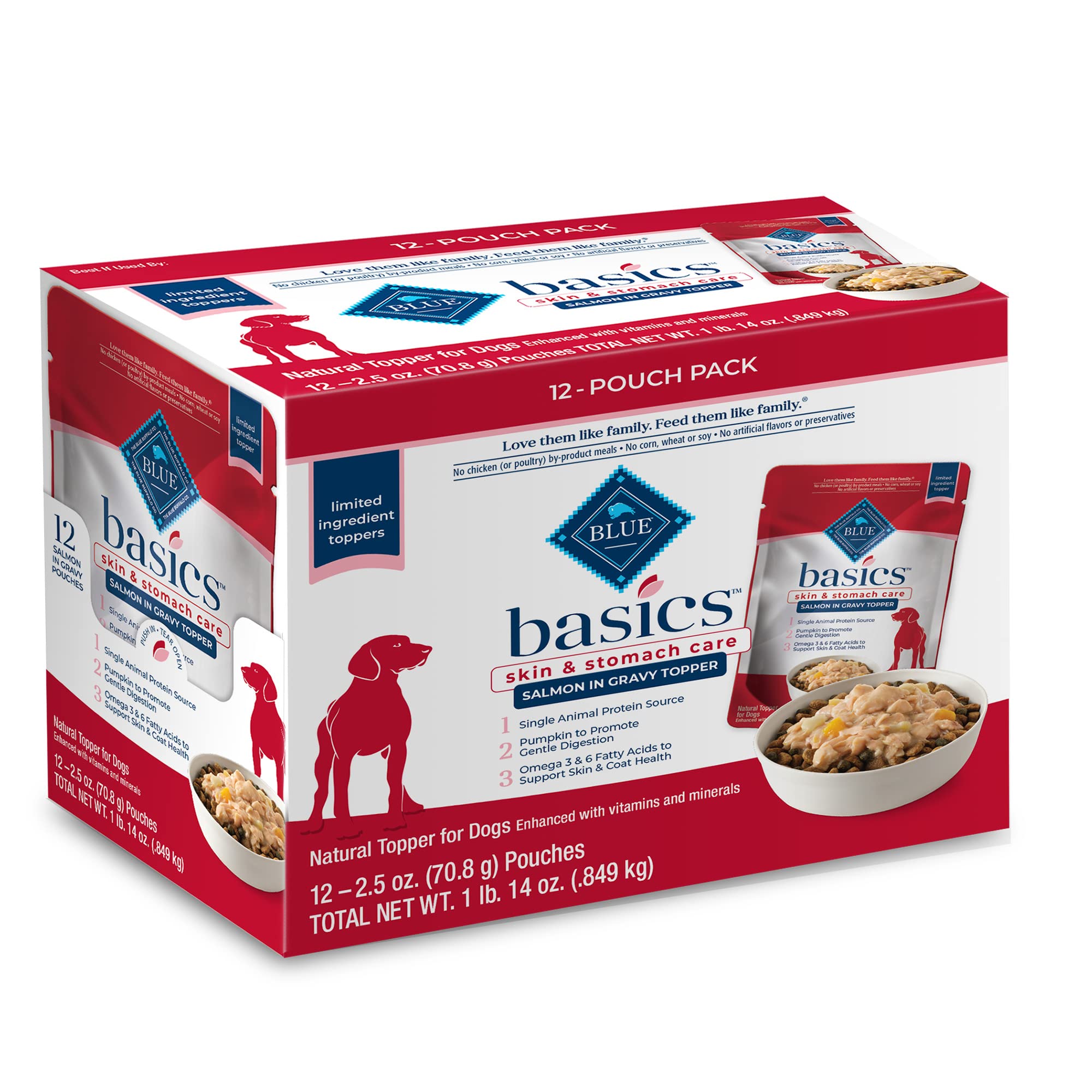 Blue Buffalo Basics Salmon in Gravy packaging highlights single-protein nutrition for easier digestion.