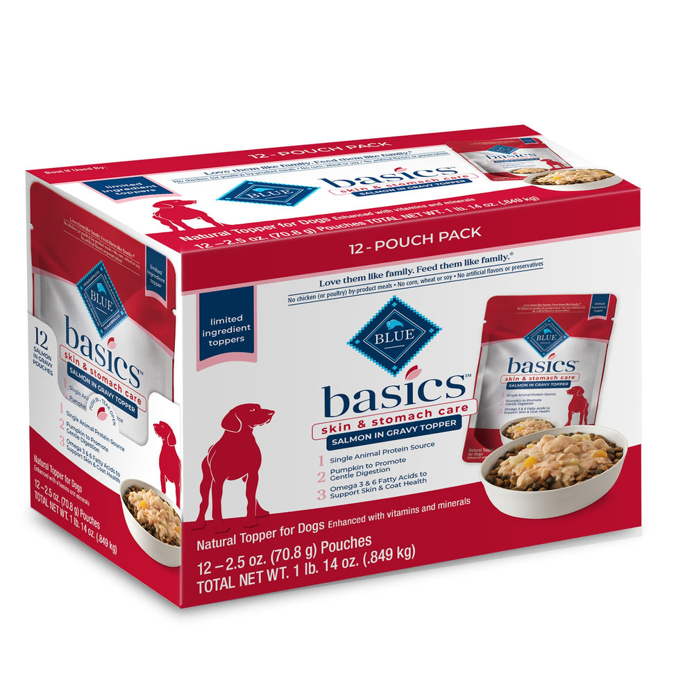 Blue Buffalo Basics Salmon in Gravy packaging highlights single-protein nutrition for easier digestion.