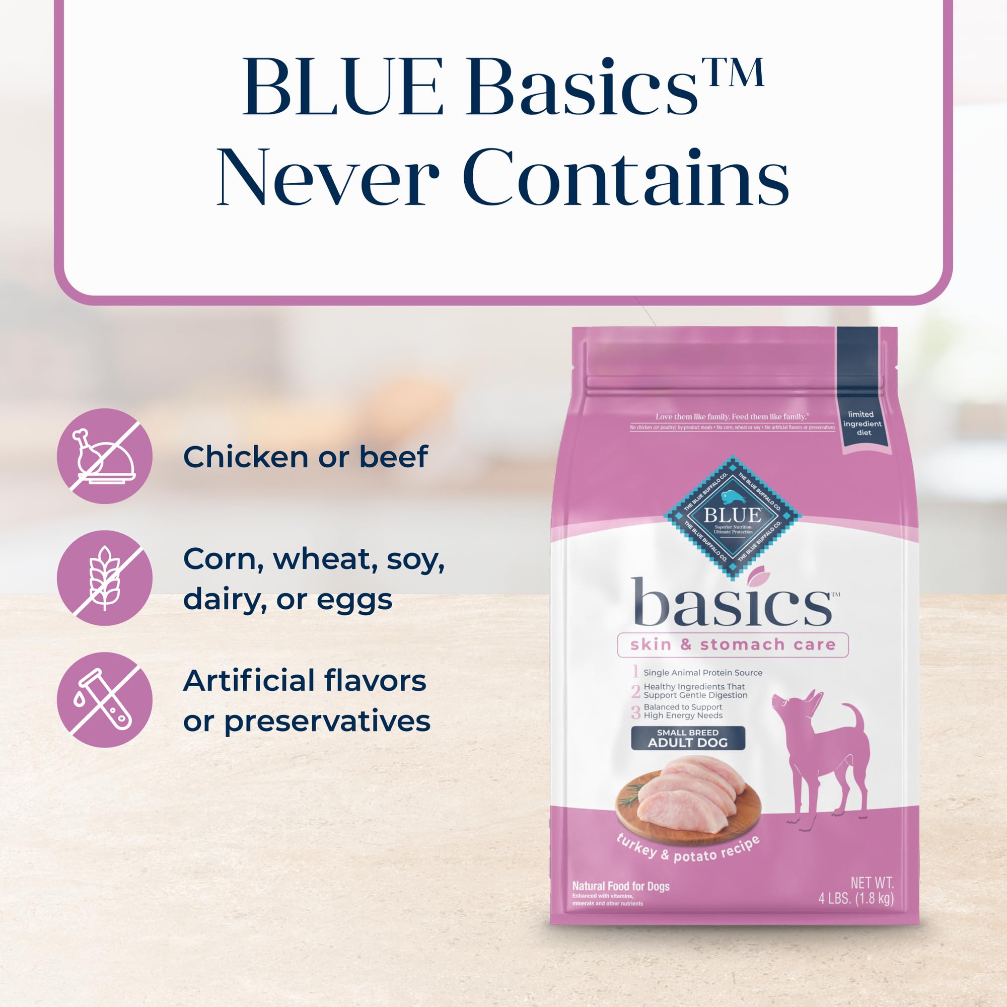 Blue Buffalo Basics Turkey and Potato Recipe emphasizes high-quality protein and easy digestion.
