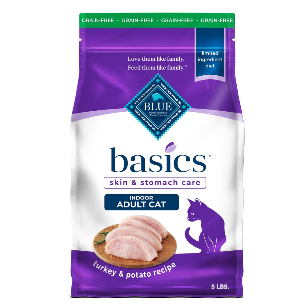Blue Buffalo Basics turkey and potato bag front shows real protein for indoor cats