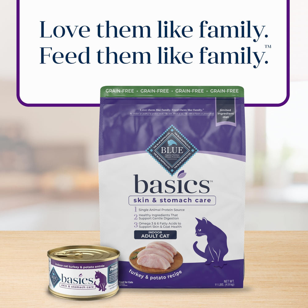Blue Buffalo Basics turkey and potato ingredient list close-up shows no poultry by-products.