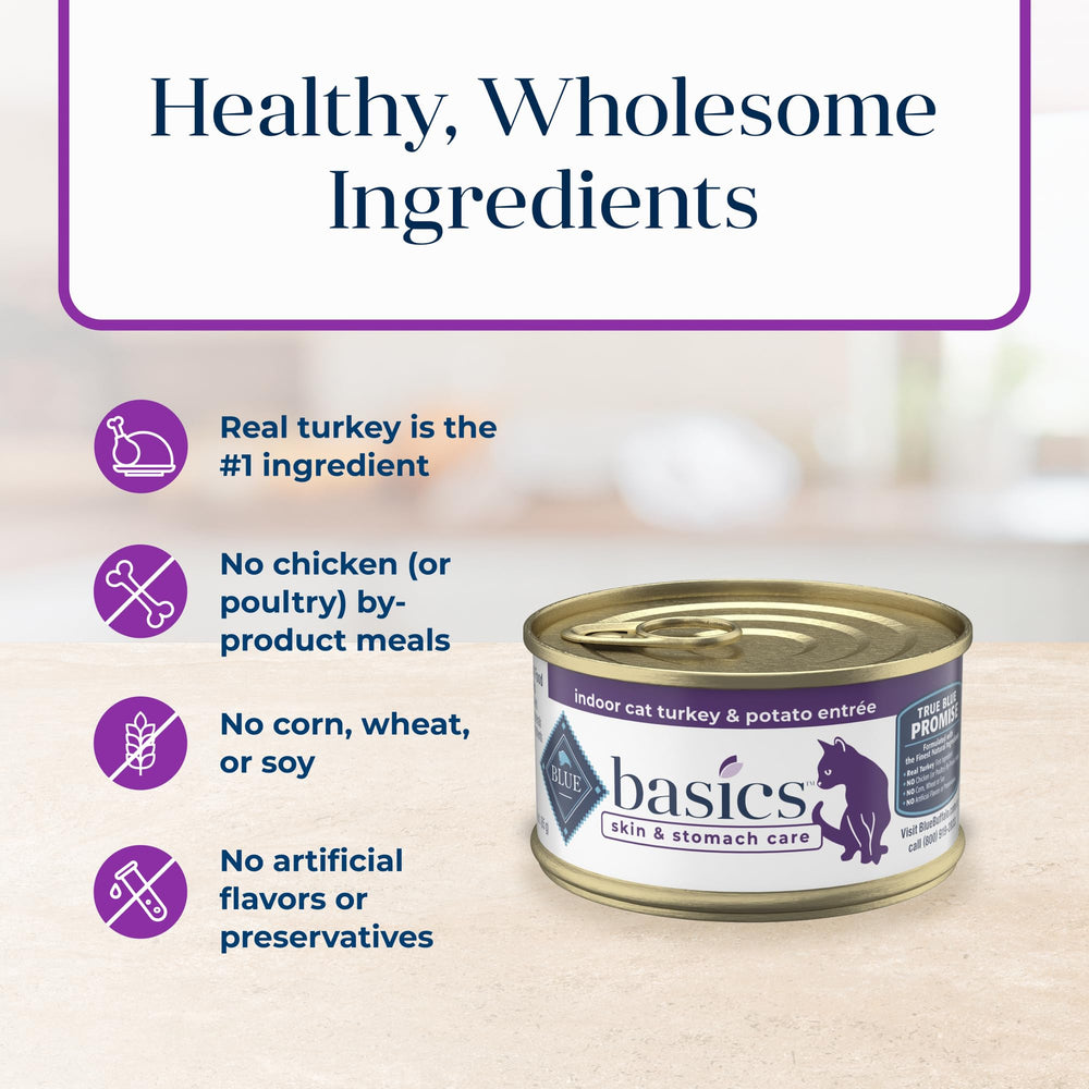 Blue Buffalo Basics turkey recipe canned cat food for meals.
