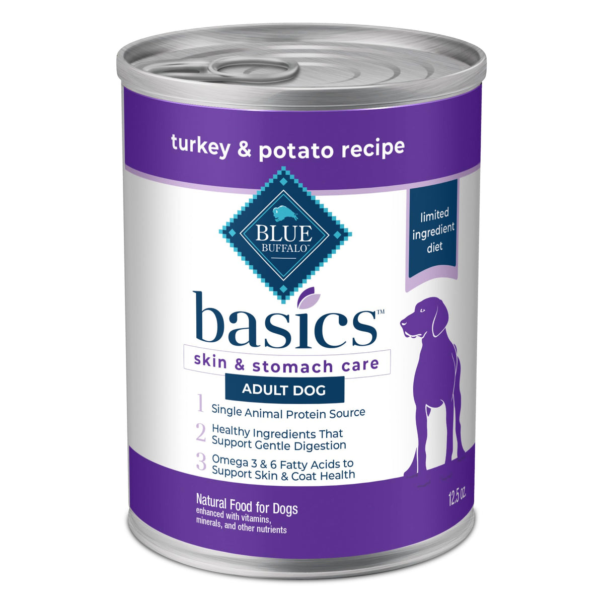 Blue Buffalo Basics turkey wet dog food can with real turkey first ingredient for muscle maintenance.