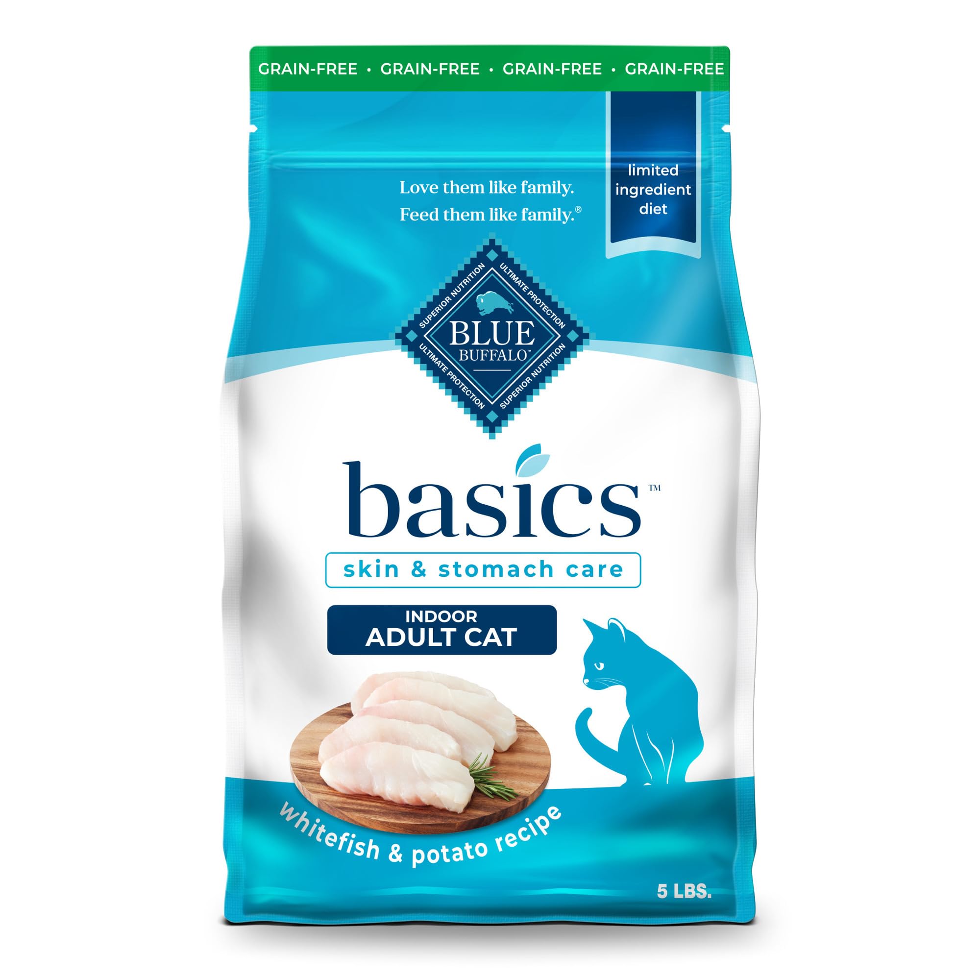 Blue Buffalo Basics bag shows whitefish first ingredient for gentle digestion.