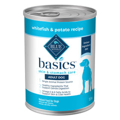 Blue Buffalo Basics whitefish can showing real protein for dogs