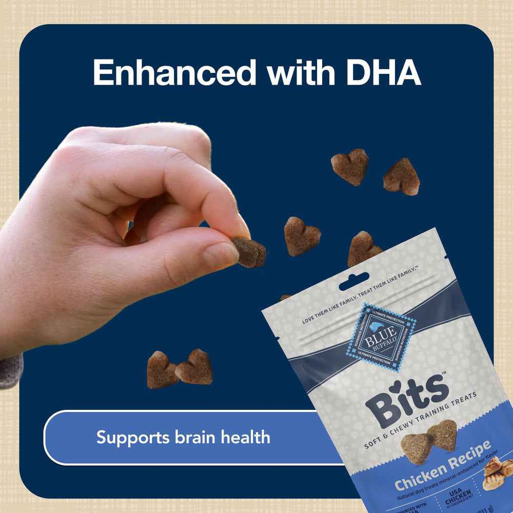 Blue Buffalo Bits with DHA supports cognitive development during training sessions.