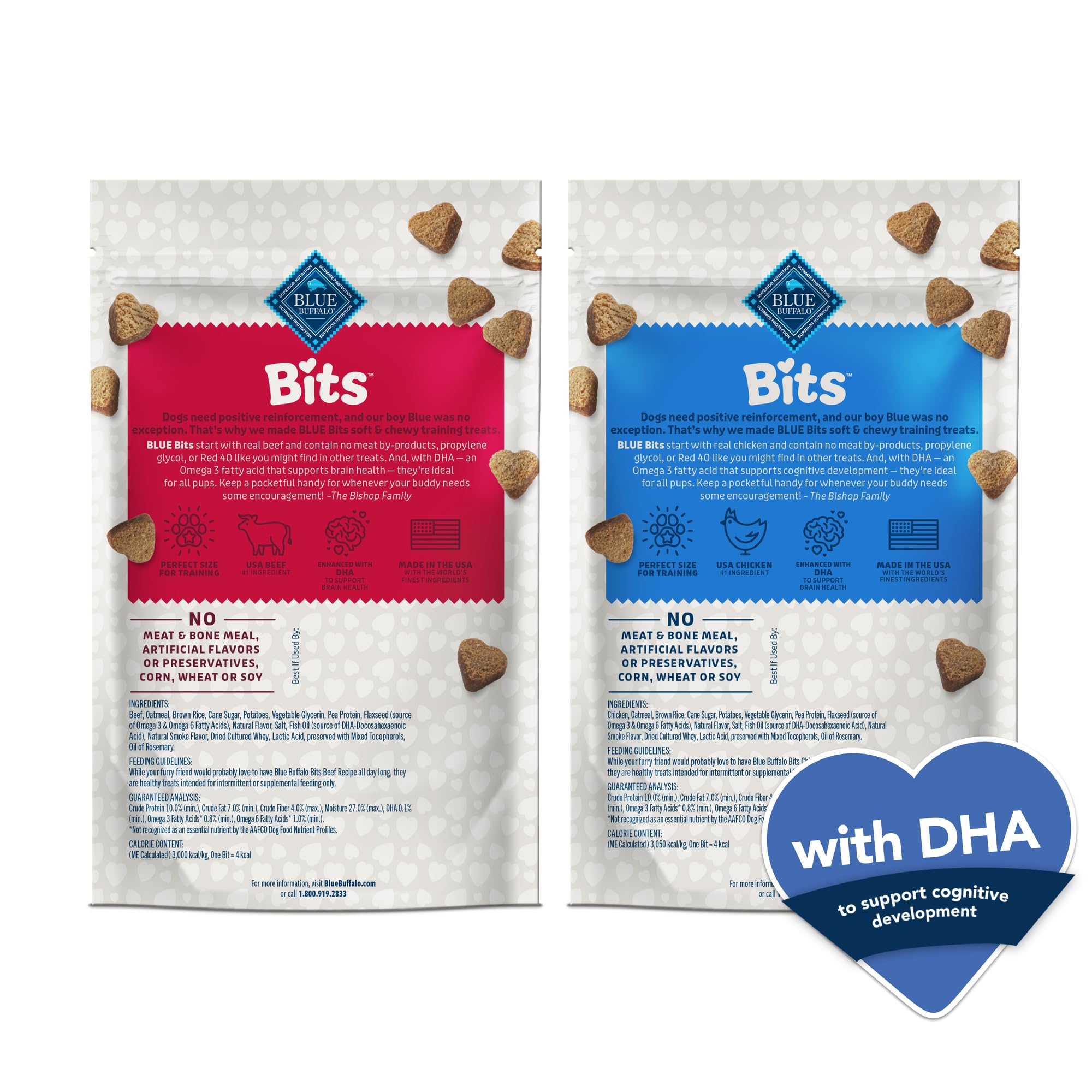 Blue Buffalo Bits beef flavor soft training treats in a 19oz bag for workouts.