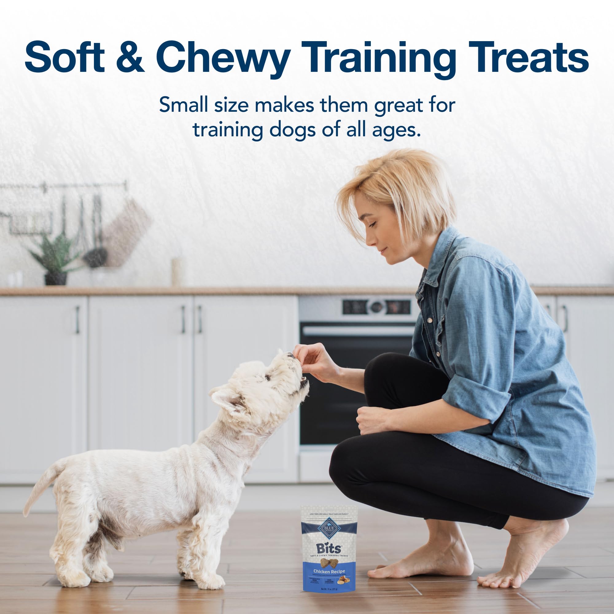 Blue Buffalo Bits Soft Training Chicken bag with gentle texture for daily rewards.