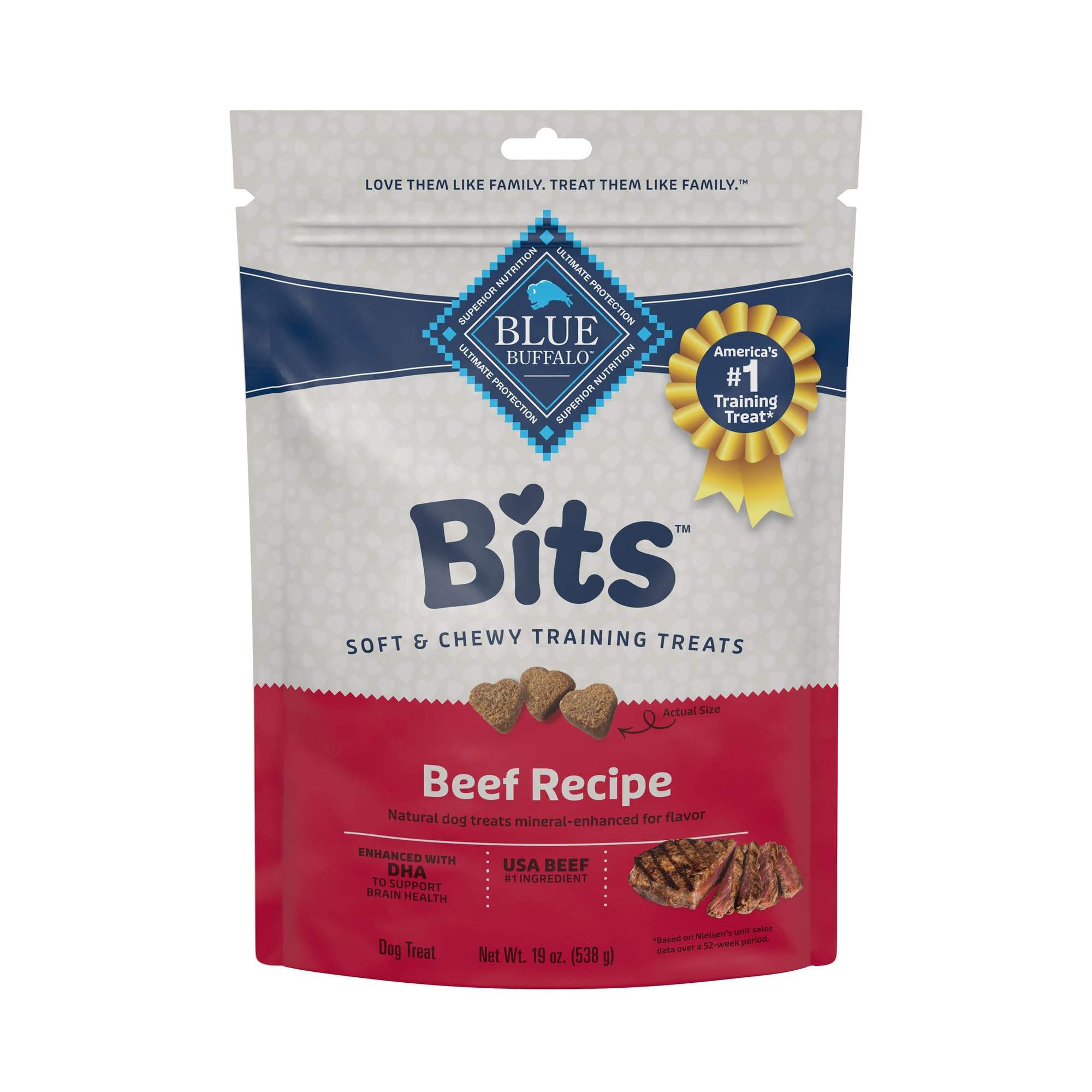 Blue Buffalo Bits soft-training treats with beef first ingredient for rewarding good behavior.