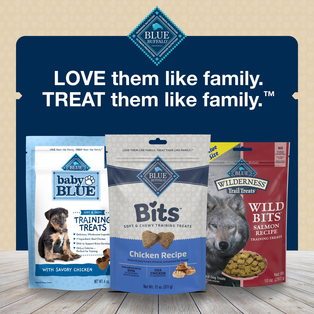 Blue Buffalo Bits Variety Pack includes beef, salmon, turkey, and chicken flavors.