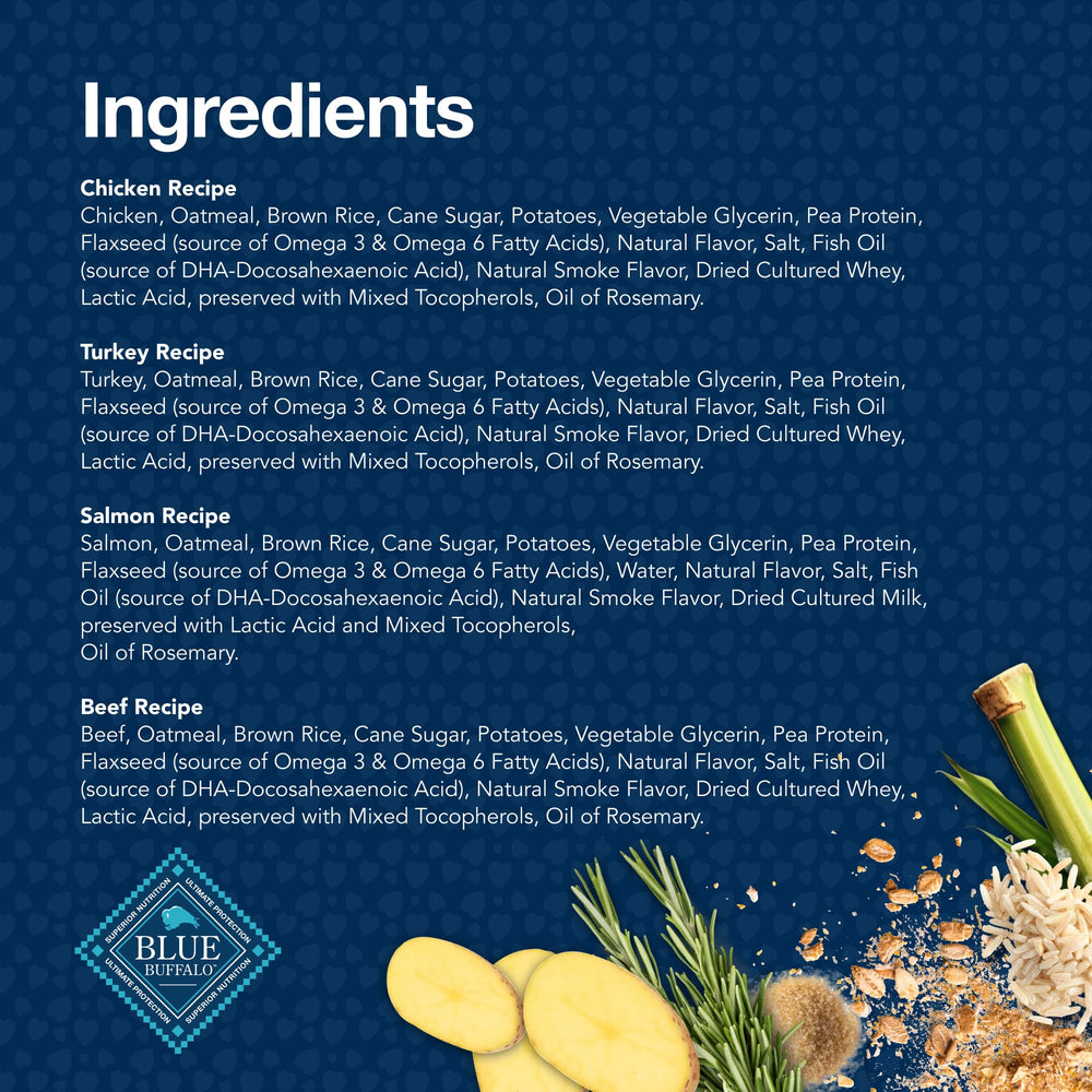 Blue Buffalo Bits Variety Pack label showing multiple real-meat flavors.