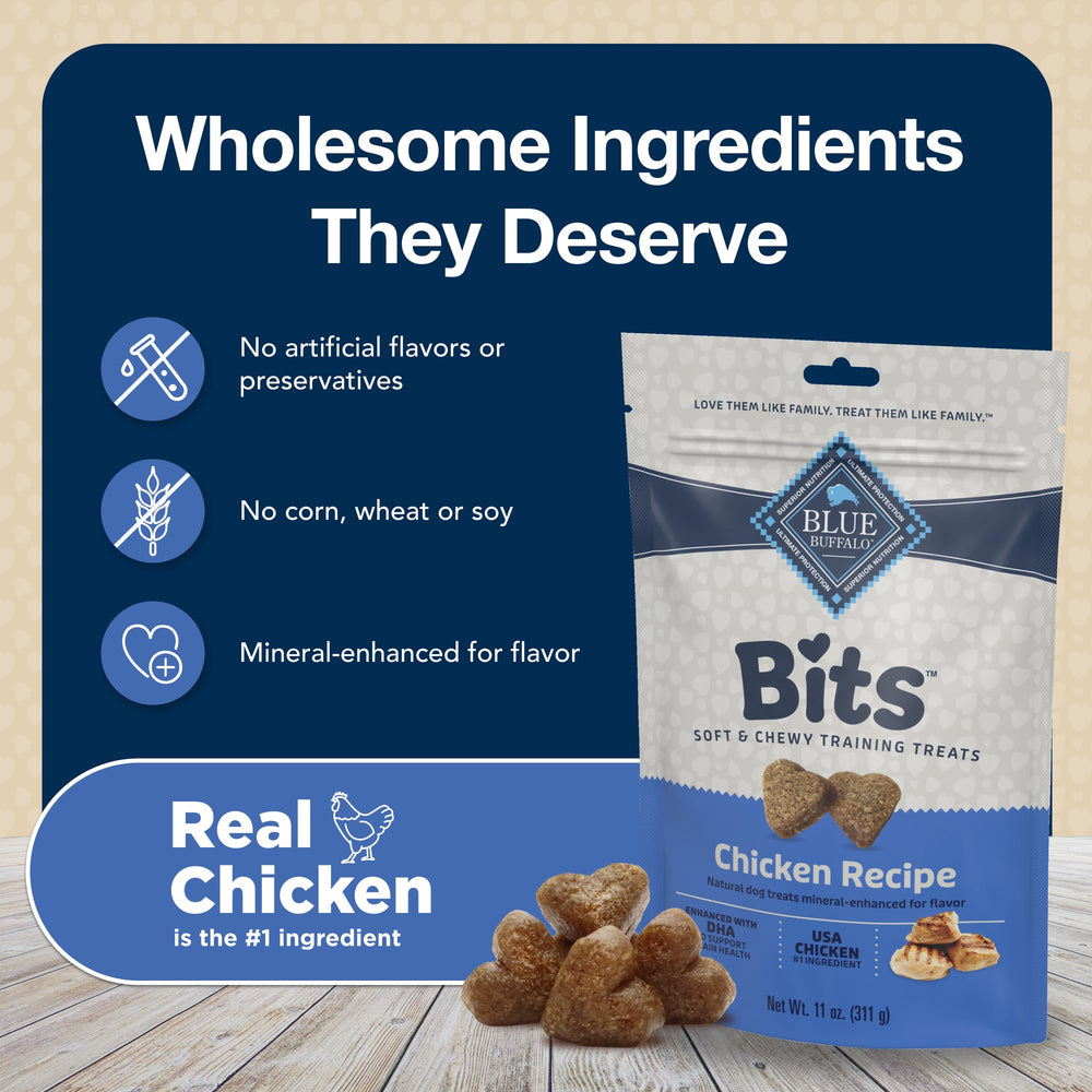 Blue Buffalo Bits wholesome recipe free from corn, wheat, and soy.