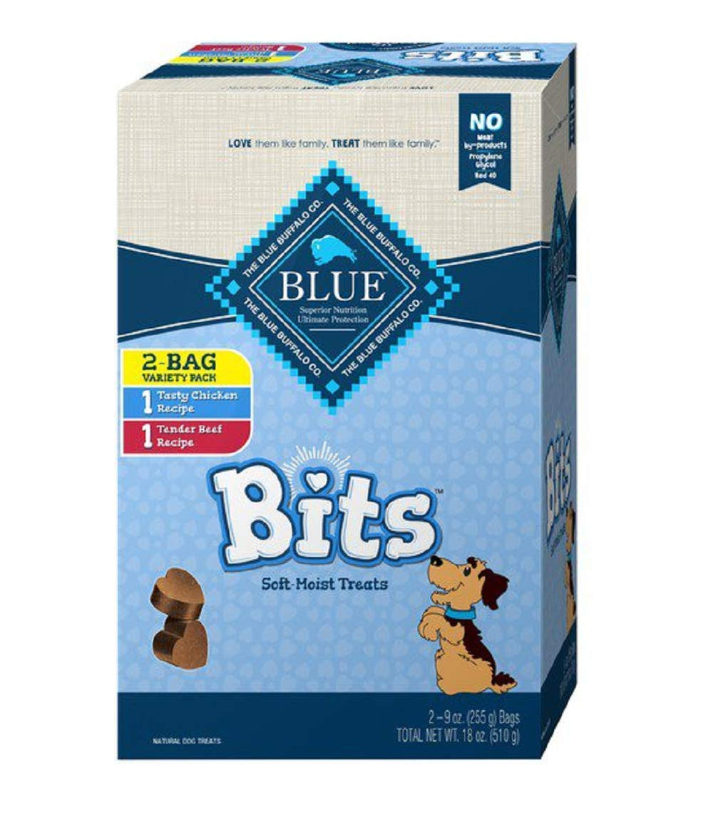 Blue Buffalo Blue Bits variety-pack front view showing two flavors for training rewards.