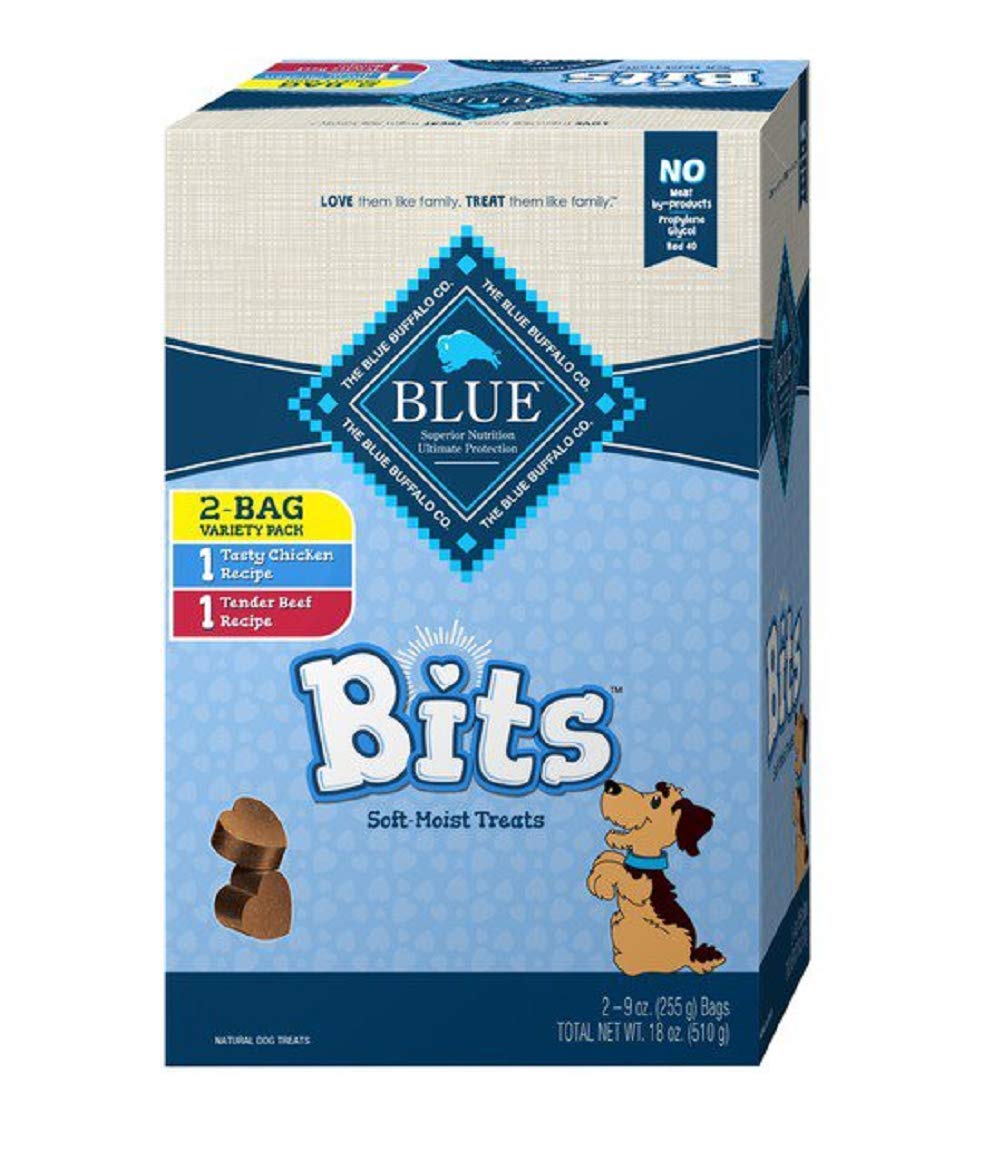 Blue Buffalo Blue Bits variety-pack front view showing two flavors for training rewards.