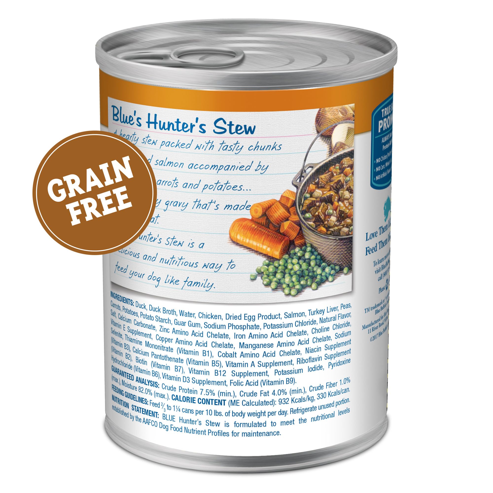 Blue Buffalo Blues Stew grain-free formula highlights real duck protein for lean muscles.