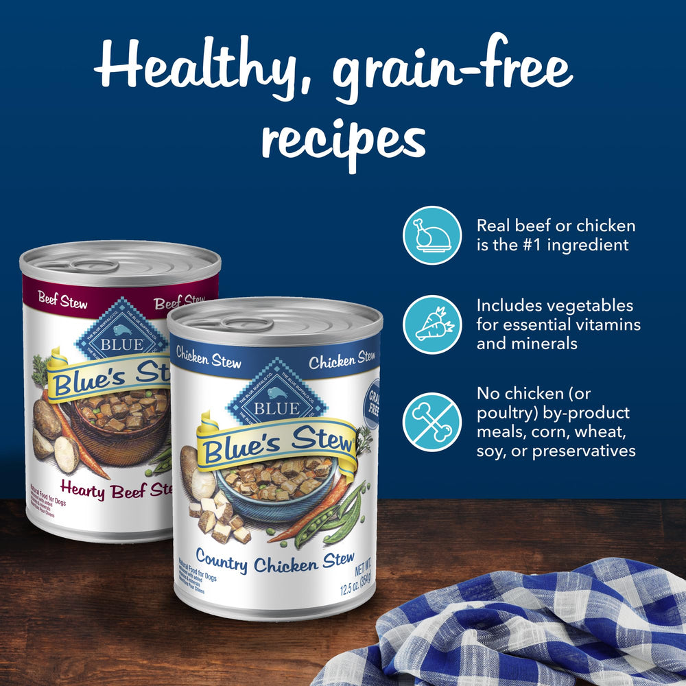Blue Buffalo Blues Stews Country Chicken can closeup shows gravy and chunks.