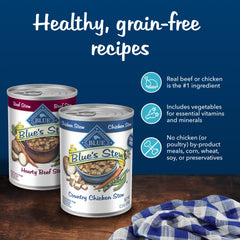 Blue Buffalo Blues Stews Country Chicken can closeup shows gravy and chunks.