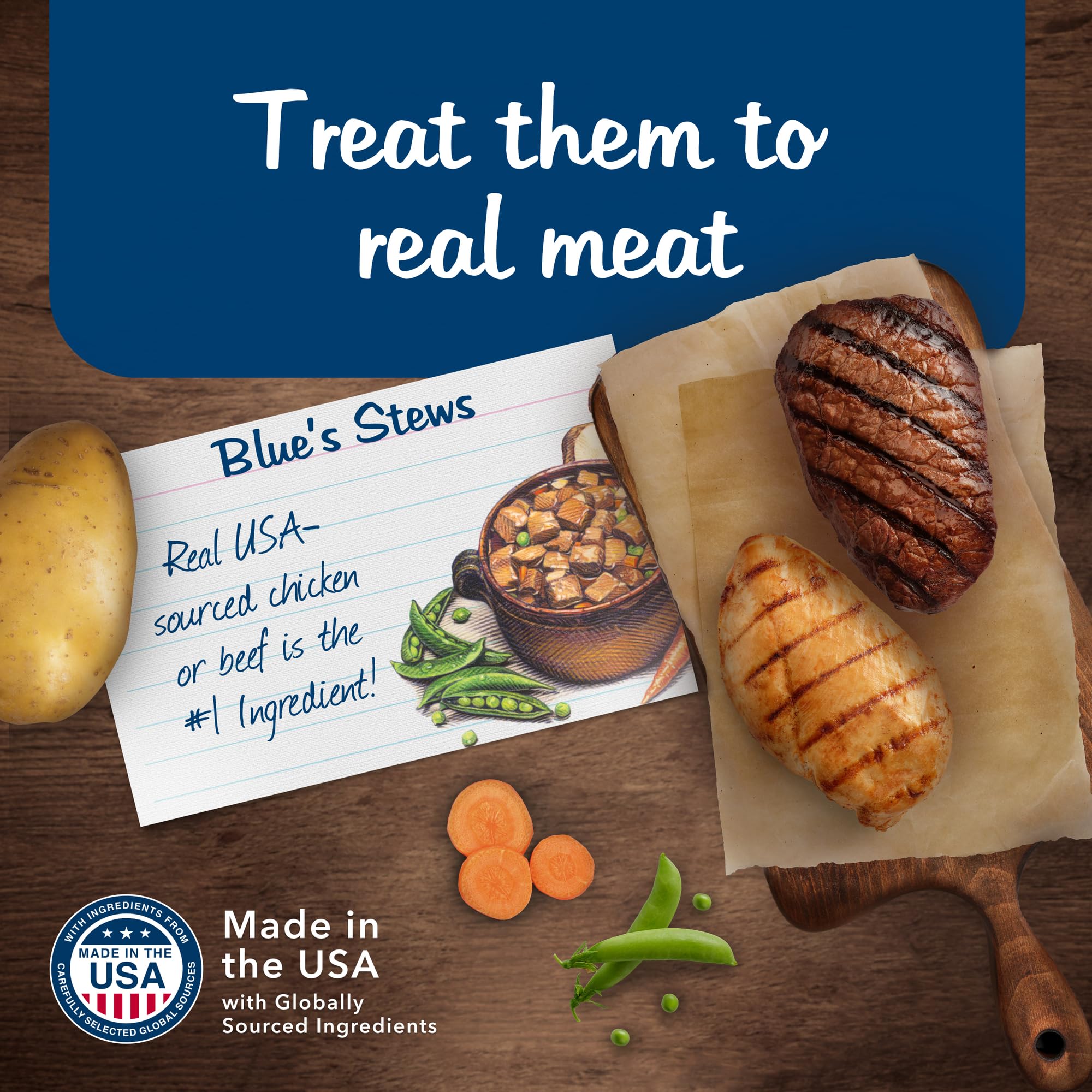 Blue Buffalo Blues Stews Hearty Beef cans highlight grain-free recipe with veggies.