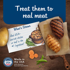 Blue Buffalo Blues Stews Hearty Beef cans highlight grain-free recipe with veggies.