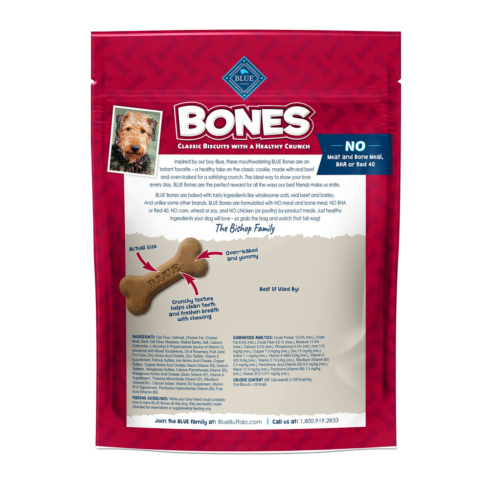 Blue Buffalo Bones real beef biscuits, bone-shaped snack with wholesome ingredients.