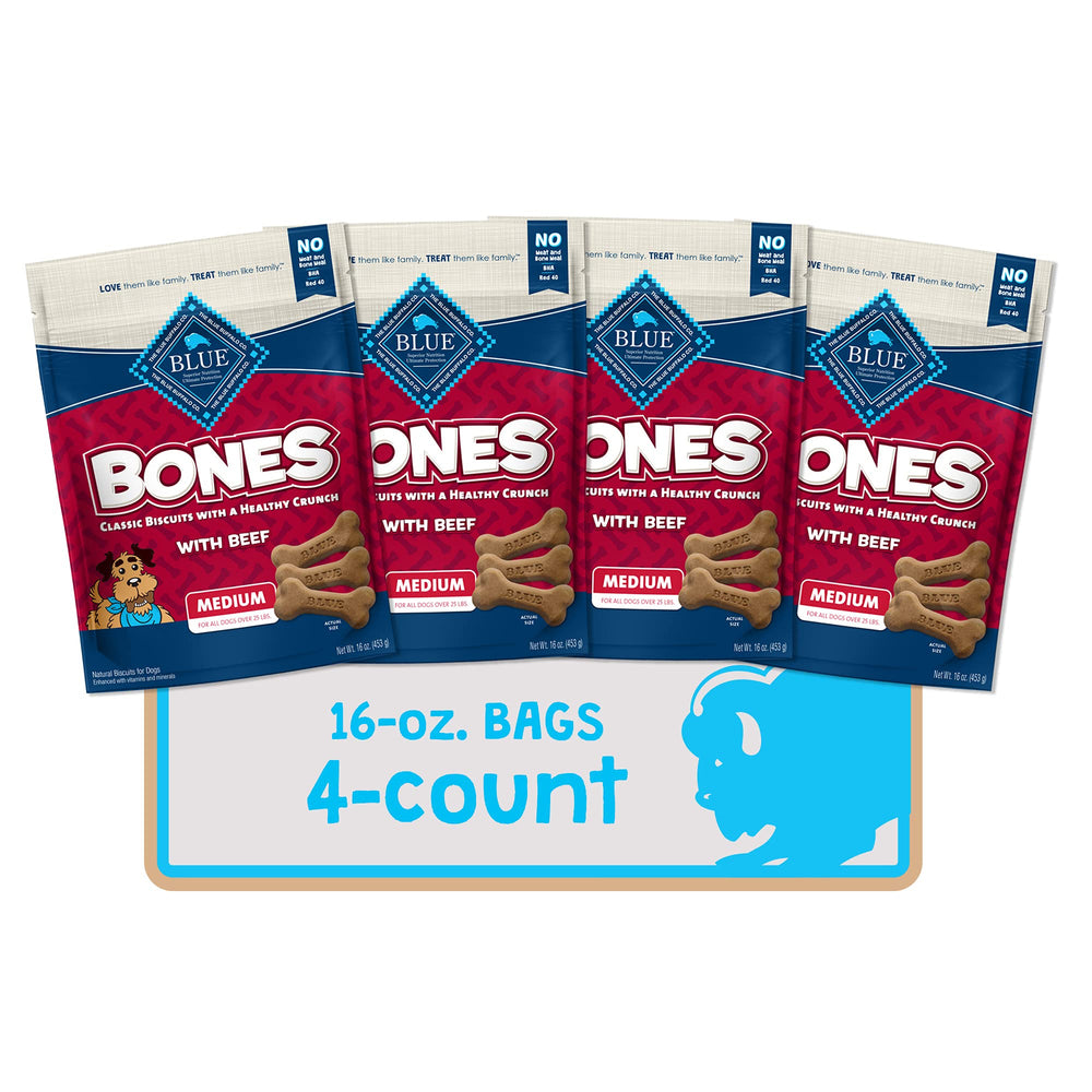 Blue Buffalo Bones beef biscuits, bone-shaped crunch for daily rewards.