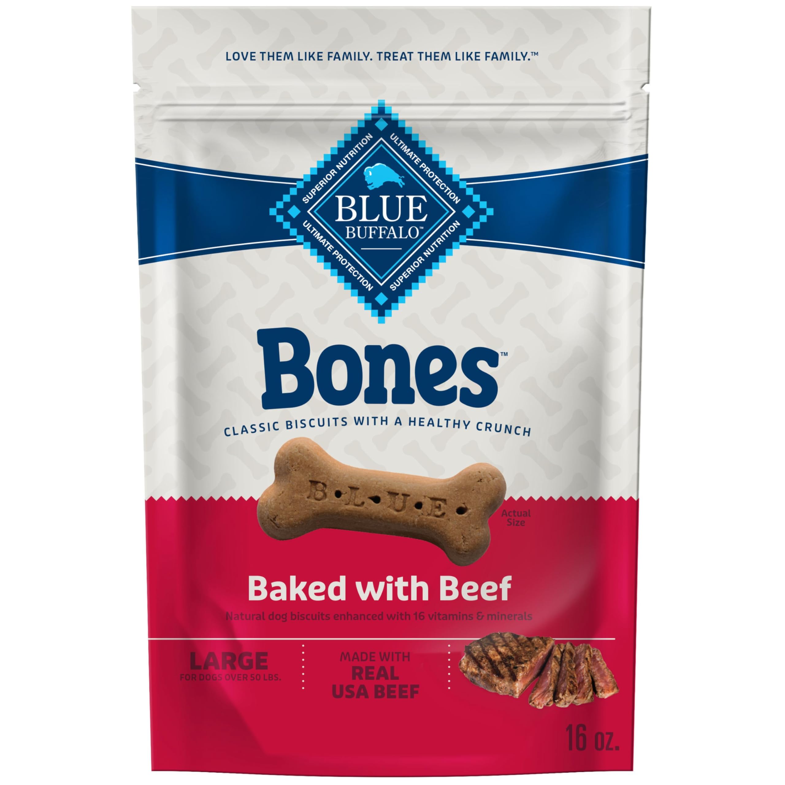 Blue Buffalo Bones beef treats for large dogs in 16oz bag, crunchy and tasty