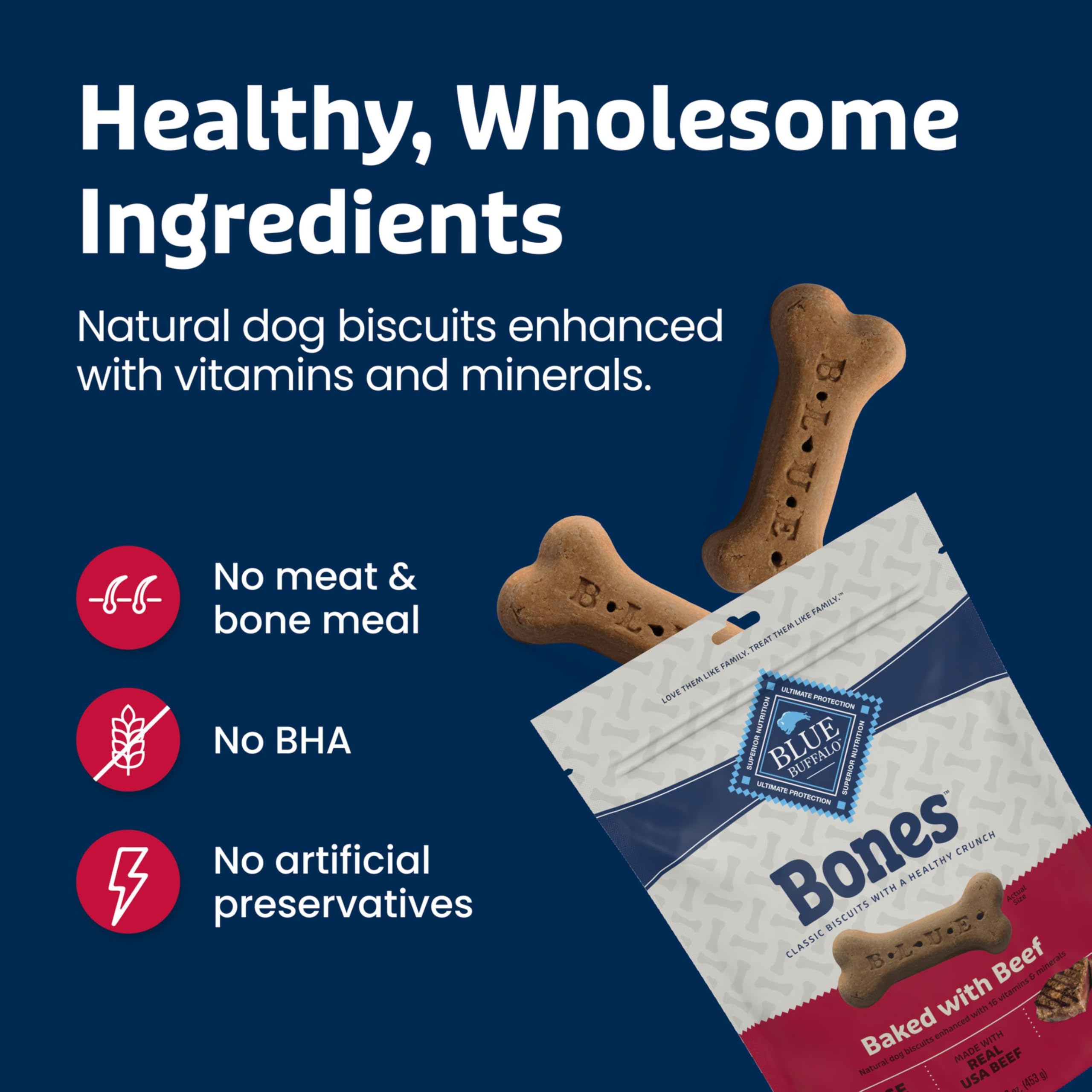 Blue Buffalo Bones front package with large-dog serving idea for daily treats