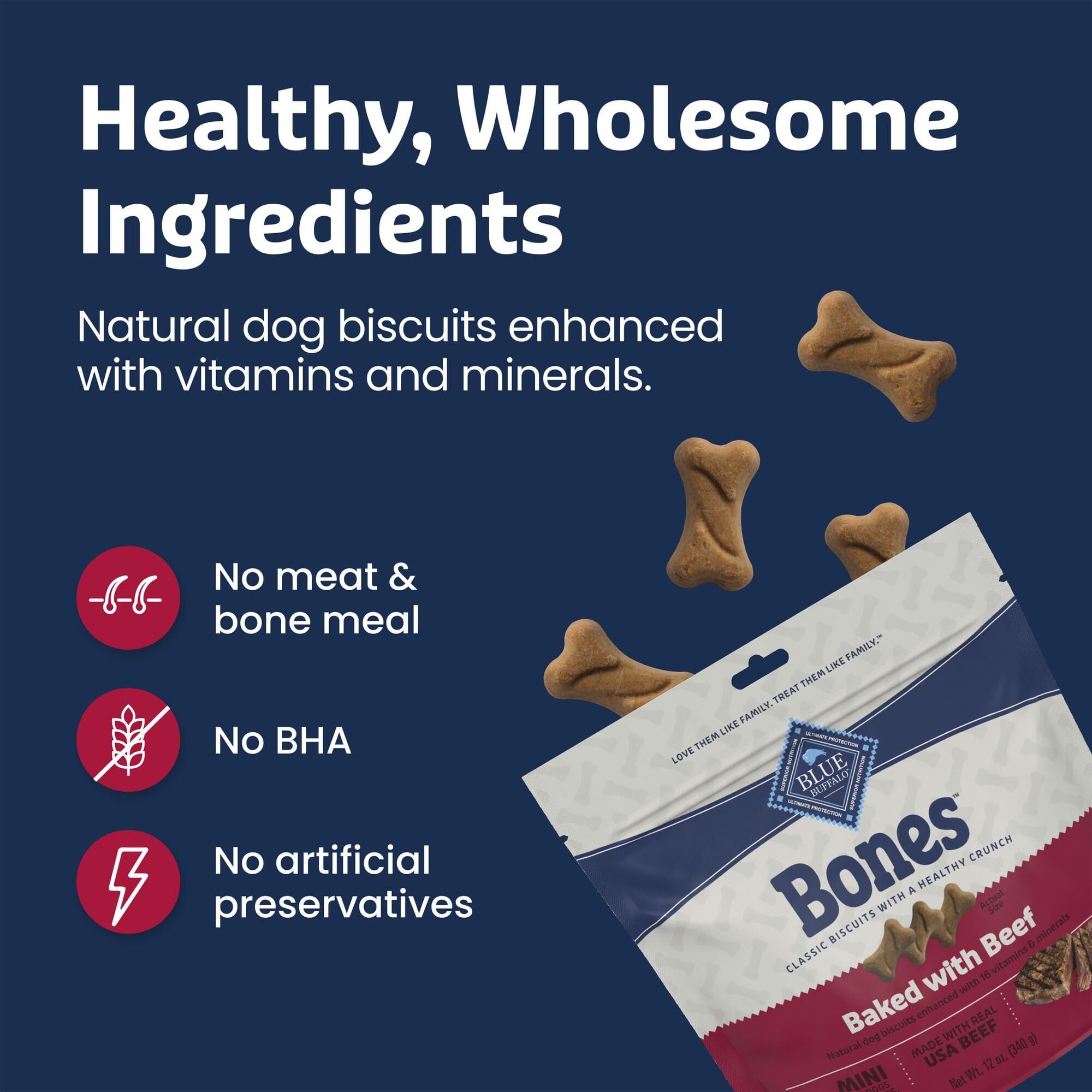 Blue Buffalo Bones mini beef biscuits four-pack packaging layout.