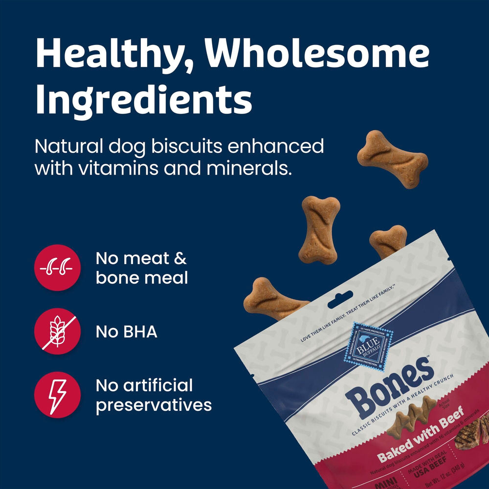 Blue Buffalo Bones mini beef biscuits four-pack packaging layout.