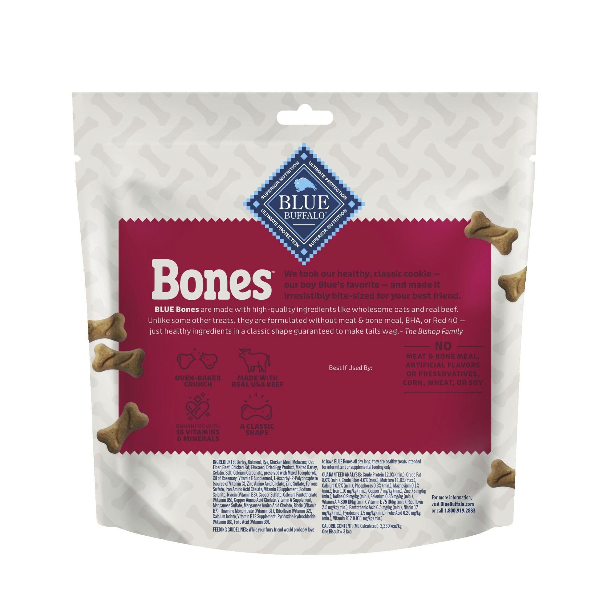 Close-up of crunch texture on Blue Buffalo Bones mini beef biscuits.