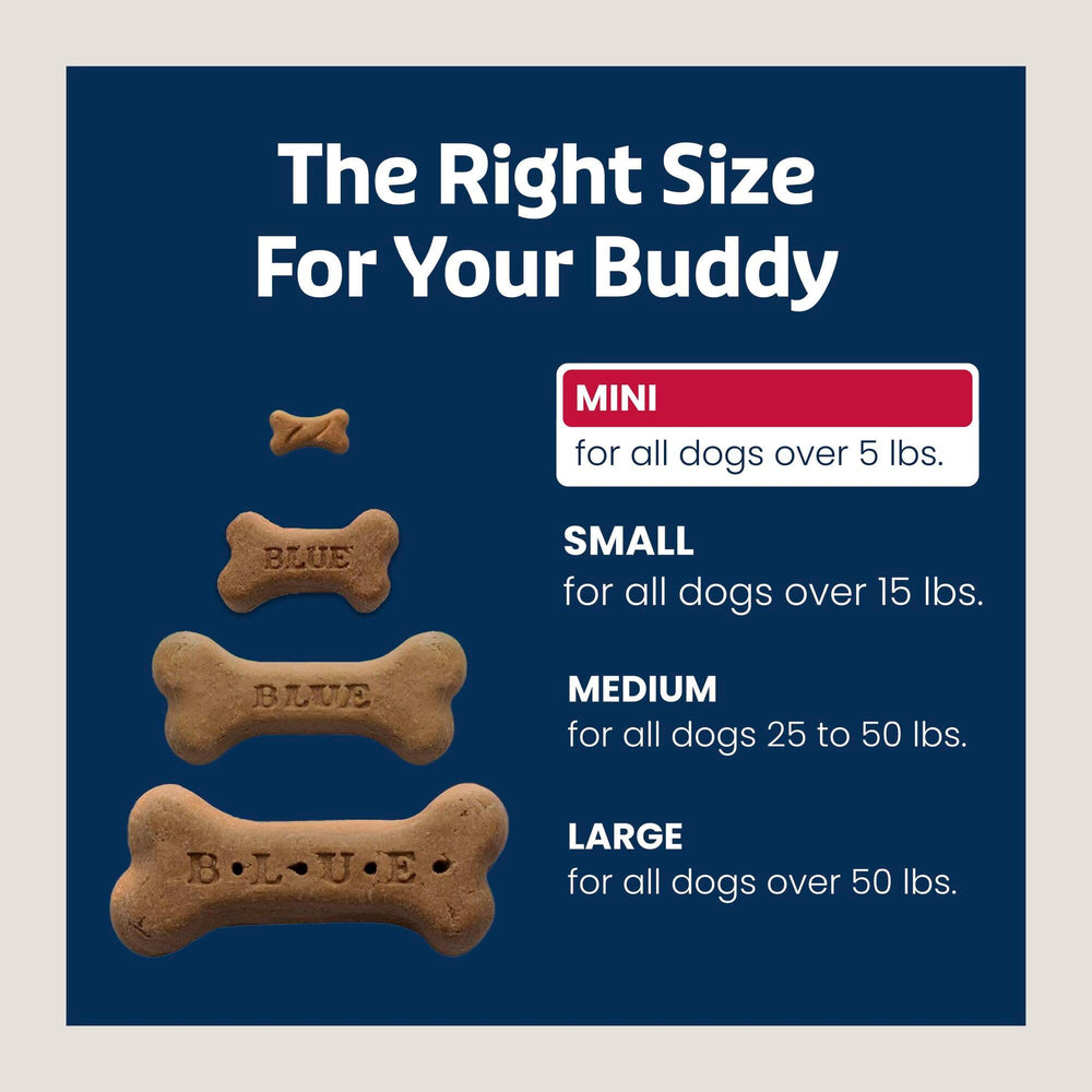 Natural ingredients label close-up on Blue Buffalo Bones mini beef biscuits.