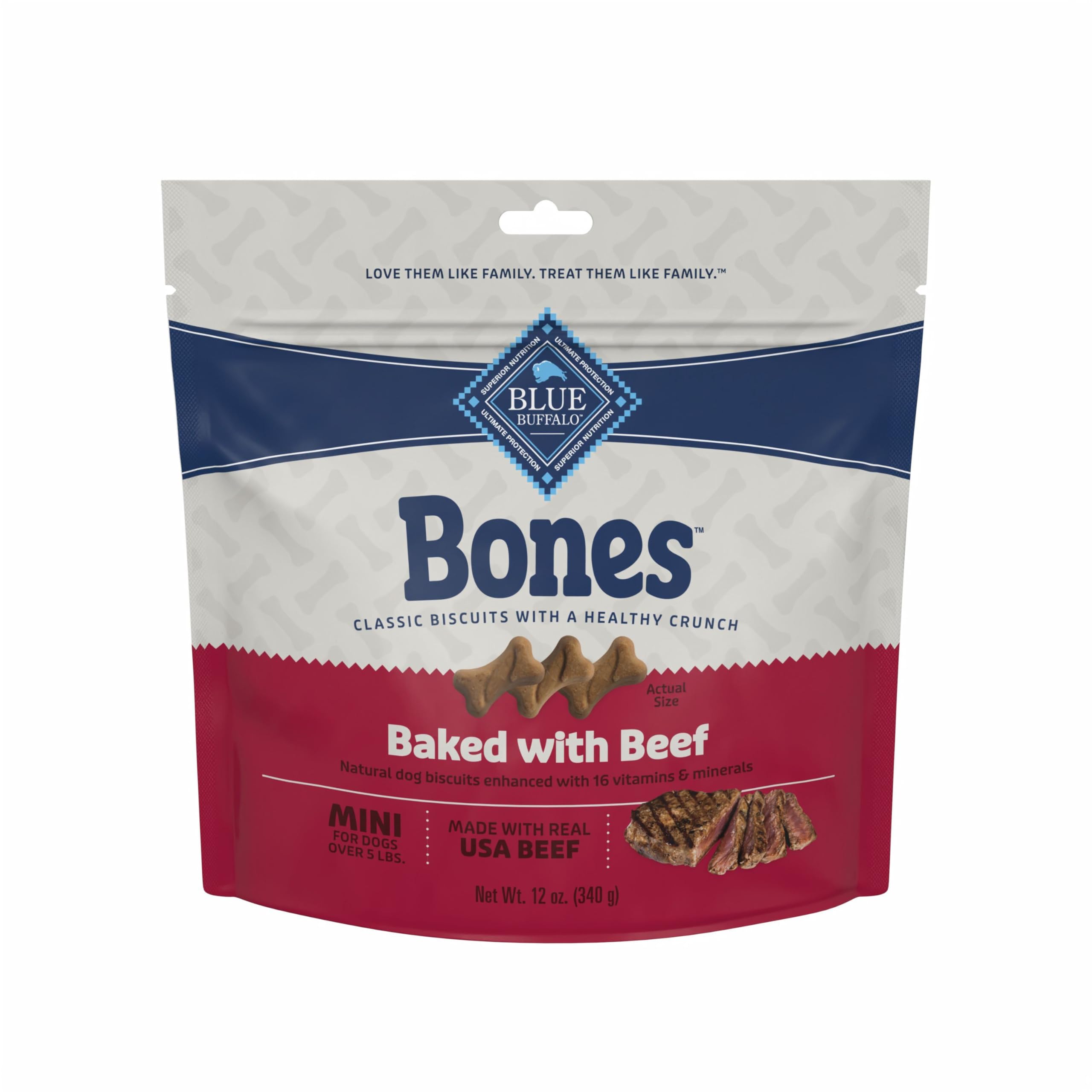 Blue Buffalo Bones mini beef biscuits packaging shows a wholesome daily treat for small dogs.