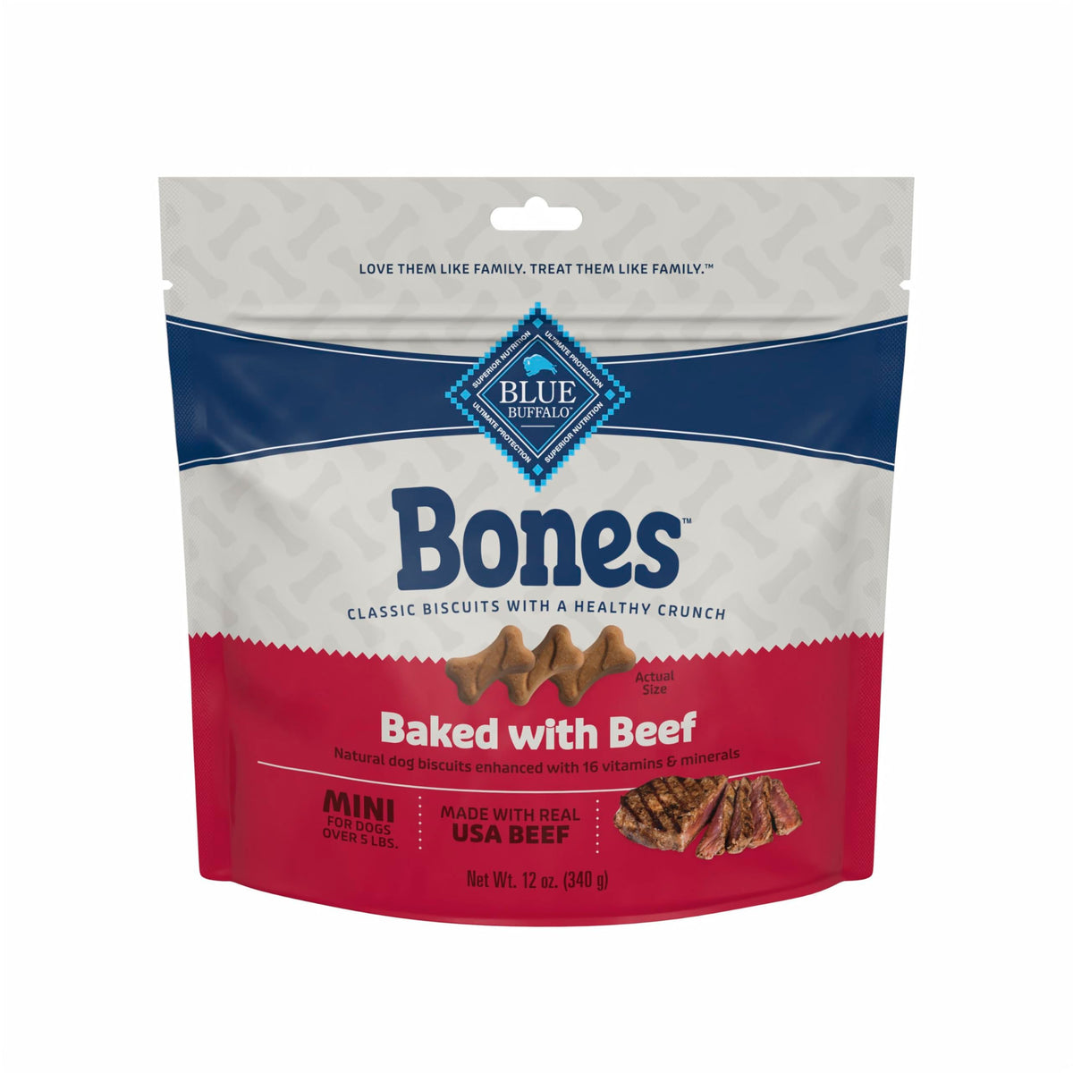 Blue Buffalo Bones mini beef biscuits packaging shows a wholesome daily treat for small dogs.