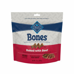 Blue Buffalo Bones mini beef biscuits packaging shows a wholesome daily treat for small dogs.