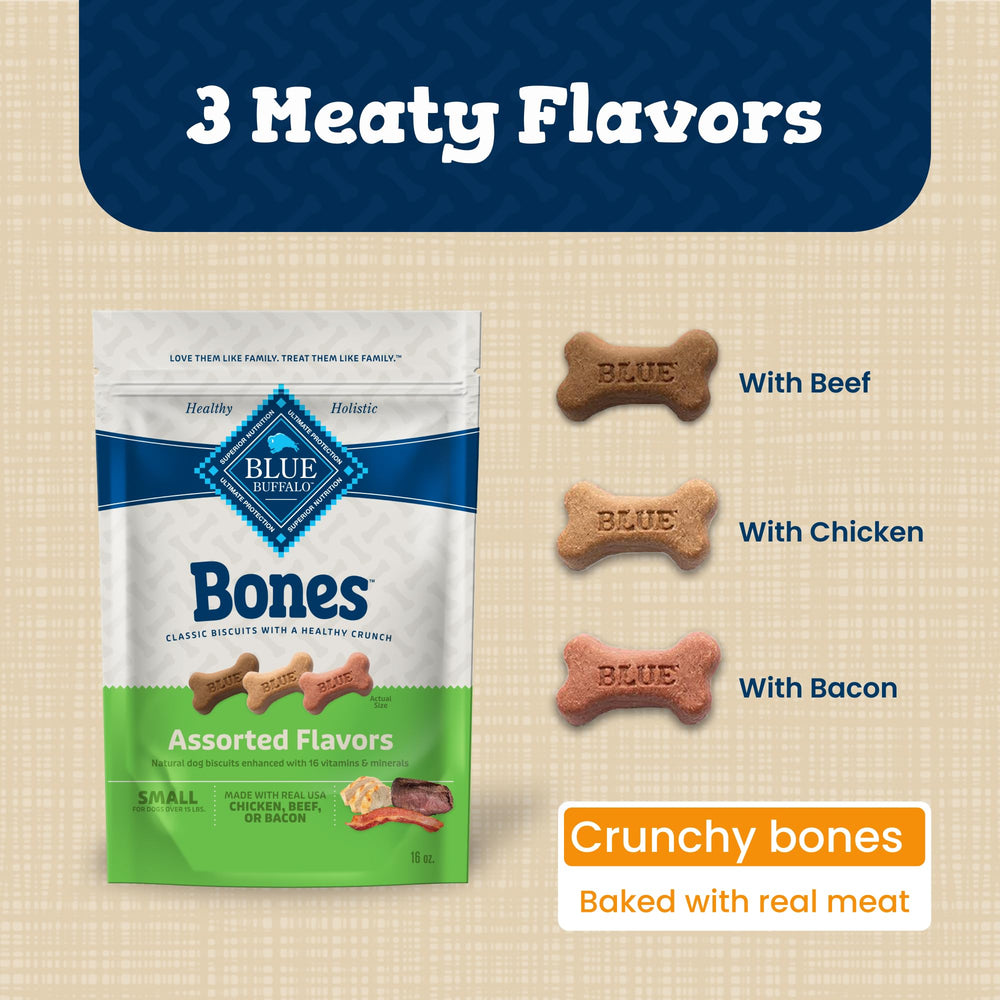 Blue Buffalo Bones small bacon biscuit pack, savory flavor for everyday rewards.
