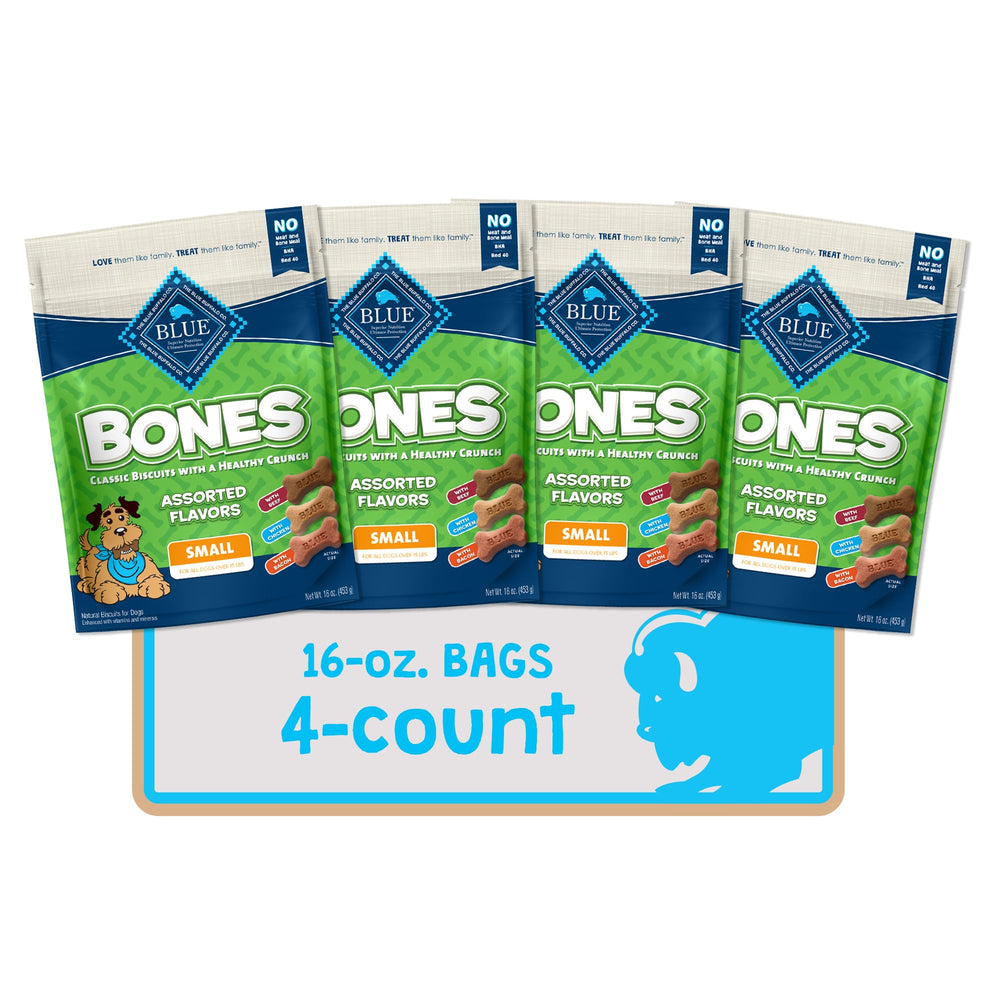 Blue Buffalo Bones small beef biscuits pack front, ideal training reward for dogs.